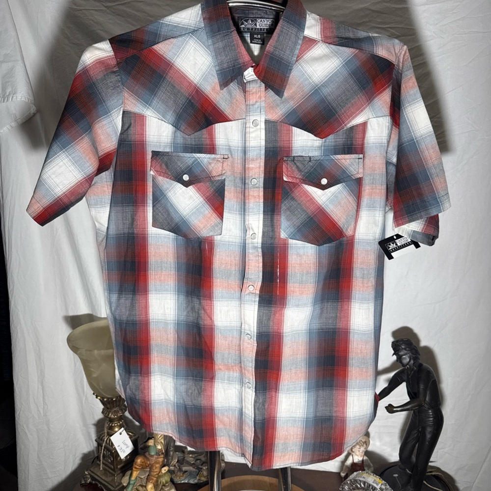 Short-Sleeve Plaid Western Yoke Shirt - Red, Blue, White